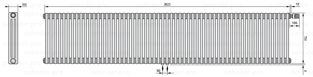 Схема (чертеж) Радиатор Zehnder Charleston 3075/57 №V008 Белый глянцевый RAL 9016